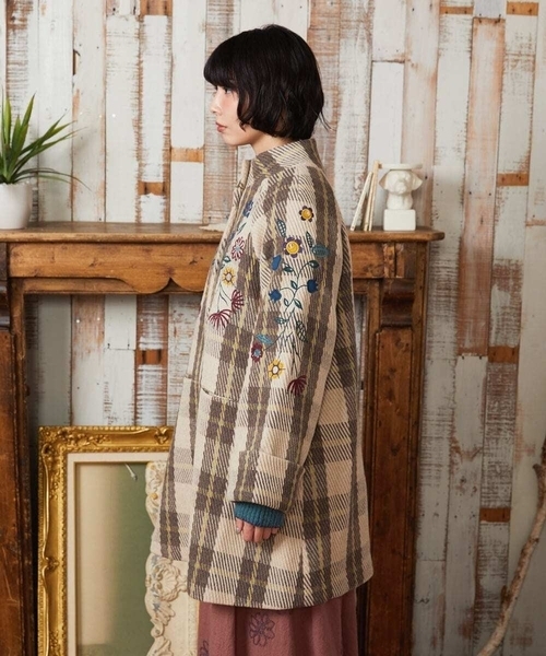 ホコモモラ（JOCOMOMOLA）/Calle de Bordadores チェック×フラワー刺繍コート Jocomomola（ホコモモラ） コート アウター Calle de Bordadores