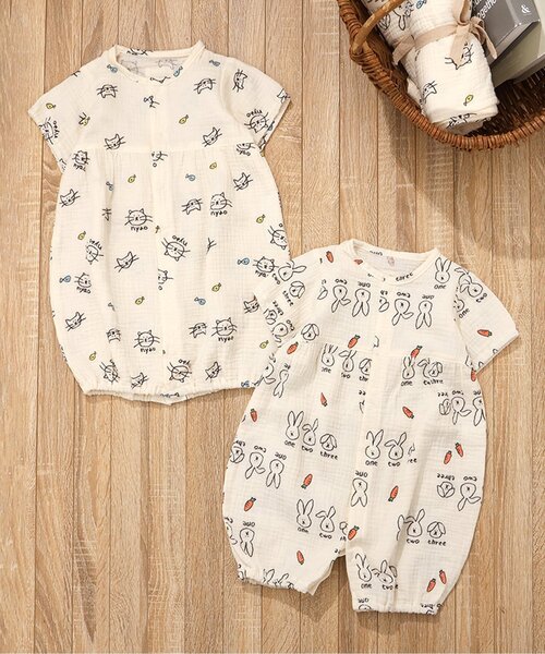 BREEZE（ブリーズ） ベビー服 ロンパース ねこ・うさぎガーゼ2WAY