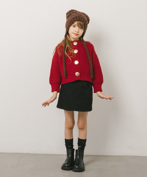 25AW GIRL リボンニット帽 赤 ハートビジューリボンニット帽(48~55cm)(S(48-51cm) レッド): グッズ
