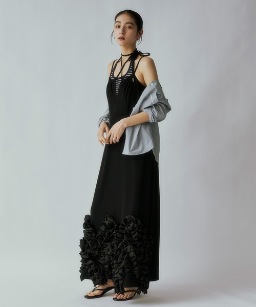 新作✨フリルシャツレイヤード パーティードレス キャミワンピ オケージョン 黒M Ezick パーティードレス ドレス Frill-hem cami dress ヘムフリル