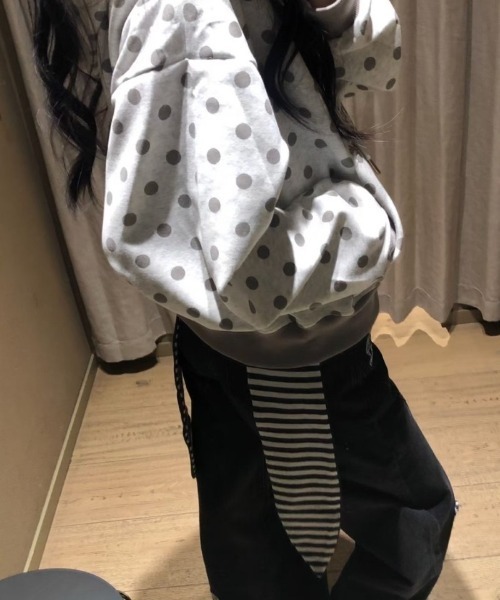 パーカー ドット柄グレー切り替えジップアップパーカー レディース
