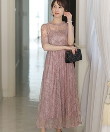PourVous ドレス 結婚式ワンピースドレスミモレ丈と袖ありシアー