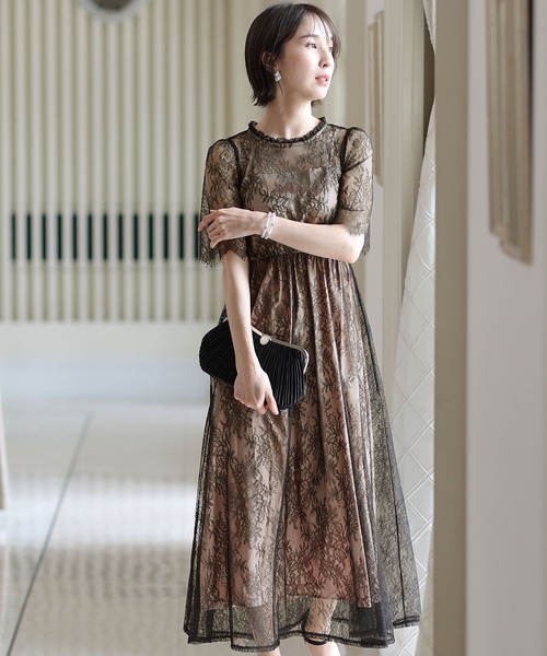 新品　PourVous　花柄レースのドレスワンピース　シアー　切替　大人　○ 新品 PourVous 花柄レースのドレスワンピース シアー 切替 大人