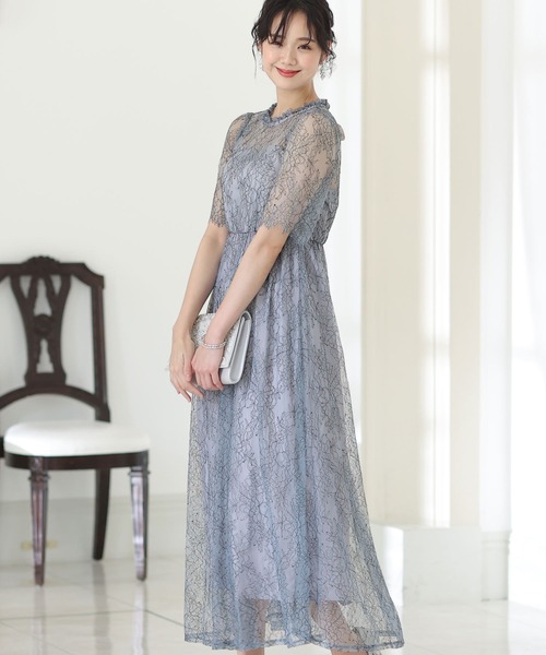 PourVous ドレス 結婚式ワンピースドレスミモレ丈と袖ありシアー