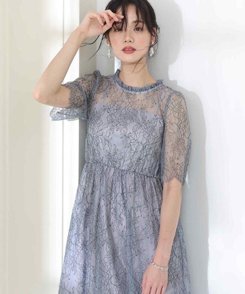 PourVous ドレス 結婚式ワンピースドレスミモレ丈と袖ありシアー