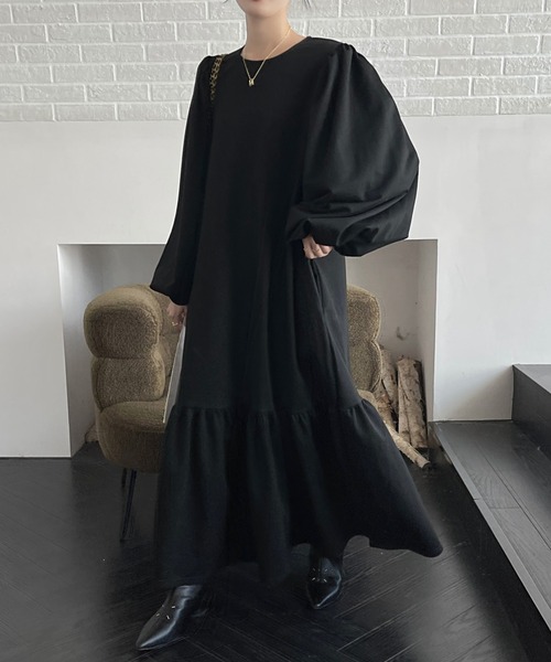 emi+ ワンピース ボリュームスリーブティアードフレアロングワンピース