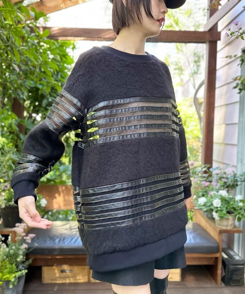 トレーナー スウェット シャギー×レザーメッシュプルオーバー レディース トレーナー スウェット シャギー×レザーメッシュプルオーバー