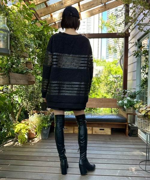 トレーナー スウェット シャギー×レザーメッシュプルオーバー レディース トレーナー スウェット シャギー×レザーメッシュプルオーバー
