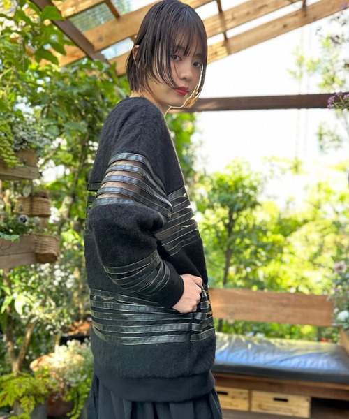 トレーナー スウェット シャギー×レザーメッシュプルオーバー レディース トレーナー スウェット シャギー×レザーメッシュプルオーバー