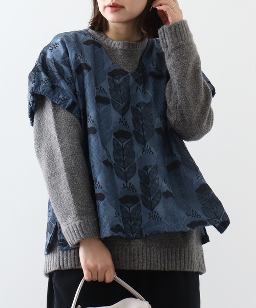 Emago ベスト ジレ EMAGO 花刺繍シアーベスト レディース