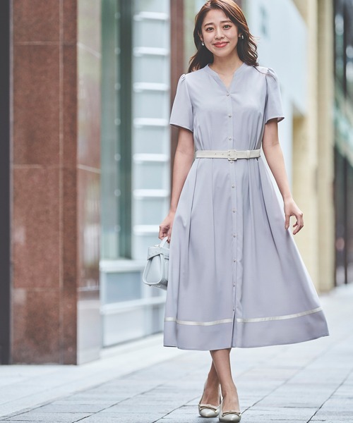 グレー 半袖 ひざ丈ワンピース