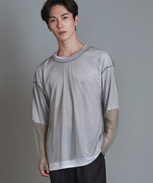 NO ID. tシャツ mlt4826-レイヤードメッシュロンT カットソー