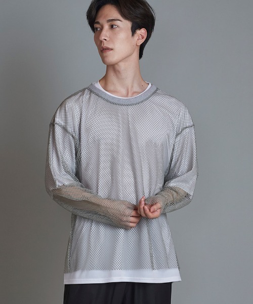 NO ID. tシャツ mlt4826-レイヤードメッシュロンT カットソー