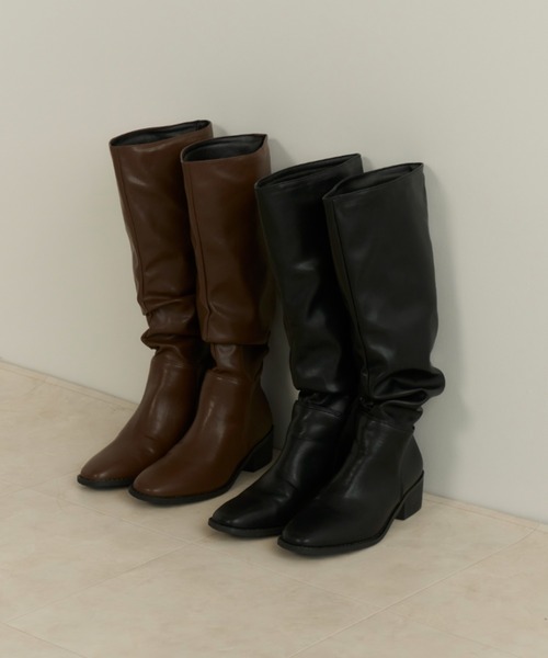 Ruffle Leather Long Boots ギャザーラッフルレザーロングブーツ Lace Ladies ブーツ レザー調異Vカットチャンキーロングブーツ