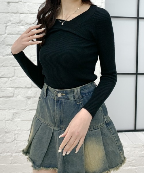 新品 カシュクールリブニット 紺 カシュクールもっちりリブニット [N1124] - レディースファッション