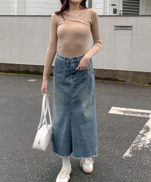 ニット セーター オフショルダー カシュクールリブニット レディース