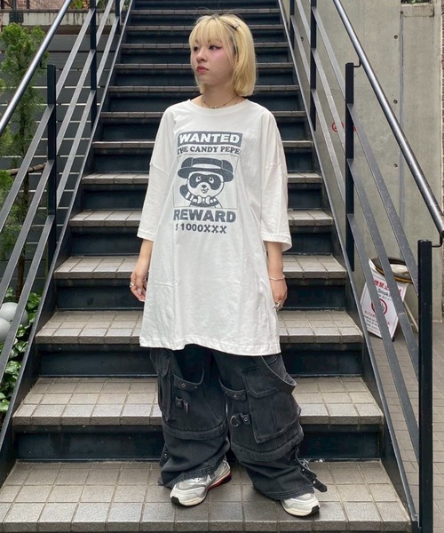 CANDYSTRIPPER ロンT オーバーサイズ 白黒 Candy Stripper tシャツ WANTED PEPE BIG Tシャツ レディース