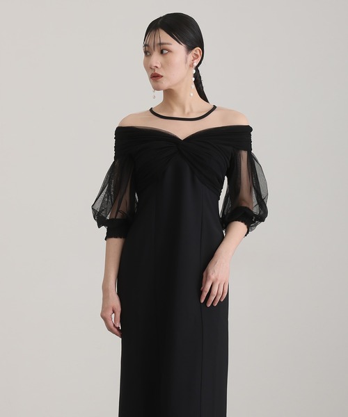 atlo チュールドレス atlo（アトロ） ドレス ミモレ丈＆袖ありフォーマルチュールパイピング