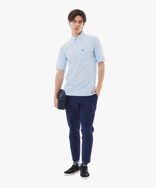 LACOSTE 日本製 ワイド ポロシャツ 鹿の子 ドロップ スリット 紺 LACOSTE（ラコステ） ポロシャツ 鹿の子地切り替え同色ストライプ