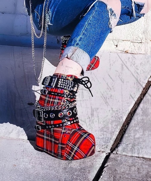 Charla Tedrick ブーツ タータンチェック 厚底ベルトブーツ レディース