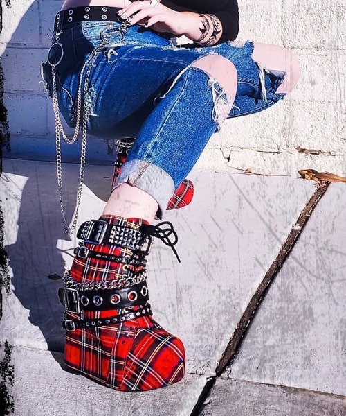 チェック柄 厚底ブーツ ジッパー付き Charla Tedrick ブーツ タータンチェック 厚底ベルトブーツ レディース