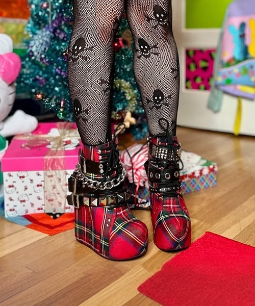 Charla Tedrick ブーツ タータンチェック 厚底ベルトブーツ レディース