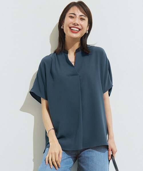 吸水速乾/UVカット/接触冷感ストレッチジョーゼット バンドカラー カットソー tシャツ 「吸水速乾/UVカット/接触冷感」ストレッチジョーゼット