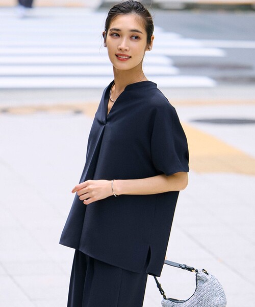 吸水速乾/UVカット/接触冷感ストレッチジョーゼット バンドカラー カットソー tシャツ 「吸水速乾/UVカット/接触冷感」ストレッチジョーゼット
