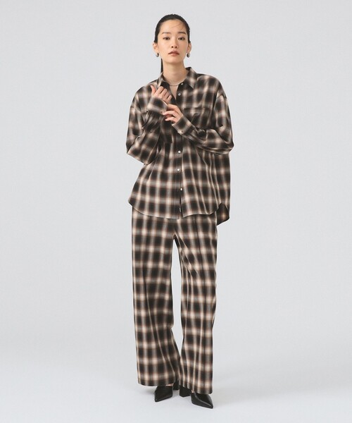 Ray BEAMS チェックセットアップ Ray BEAMS パンツ オンブレチェック ワイド レディース