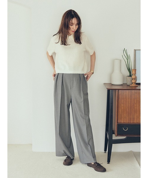 モヘア混紡 グレー フリル袖セーター NOMBRE IMPAIR（ノンブルアンペール）の「ﾓﾍｱ混片畦ﾊｲﾈｯｸﾌﾟﾙｵｰﾊﾞｰ