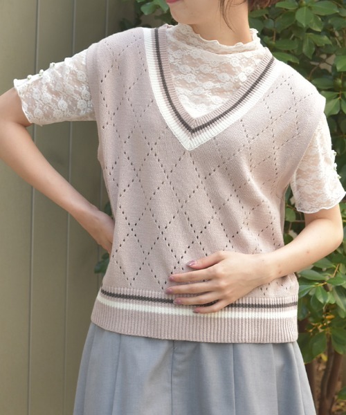 axes femme（アクシーズ ファム） ベスト ジレ ダイヤ柄チルデンニット