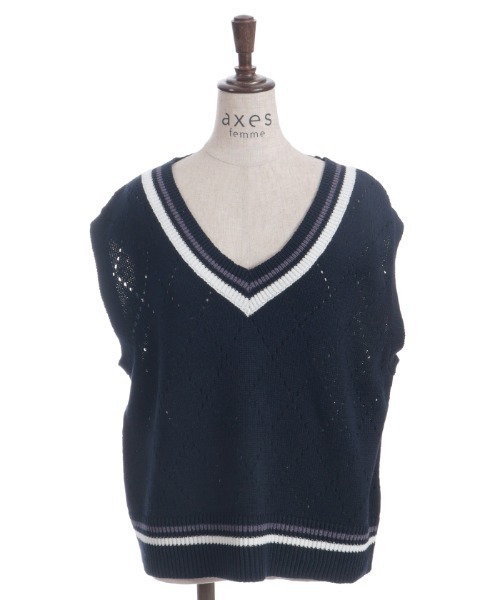 axes femme ベスト ジレ ダイヤ柄チルデンニットベスト レディース