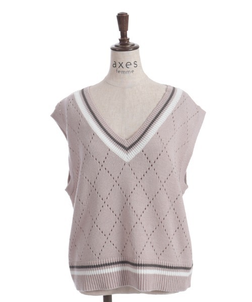axes femme ベスト ジレ ダイヤ柄チルデンニットベスト レディース