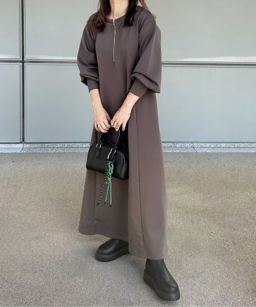 LUCPY ワンピース ハーフジップボリュームスリーブロングワンピース