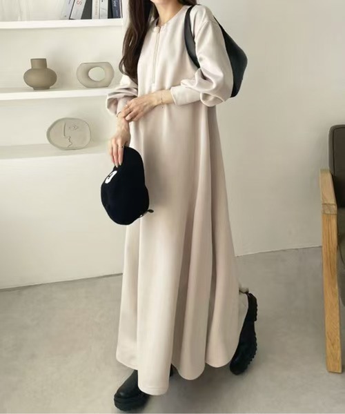 LUCPY ワンピース ハーフジップボリュームスリーブロングワンピース