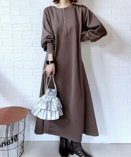 LUCPY ワンピース ハーフジップボリュームスリーブロングワンピース