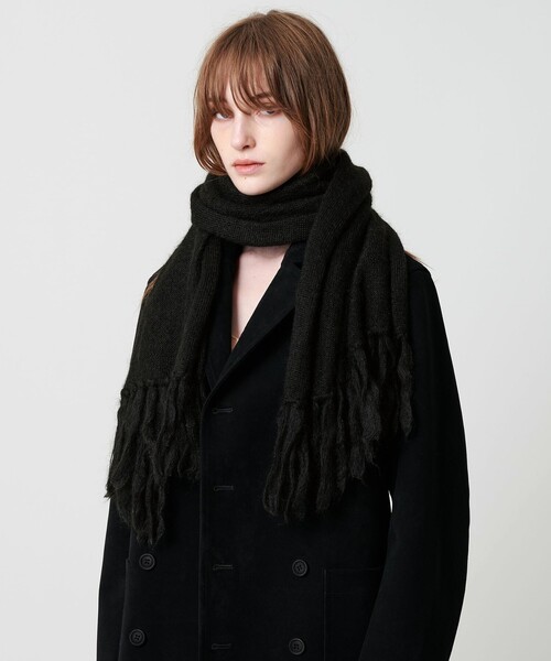 黒いウール混合マフラー フリンジ付き プラダ メンズ カシミア混 フリンジマフラー 黒 PRADA