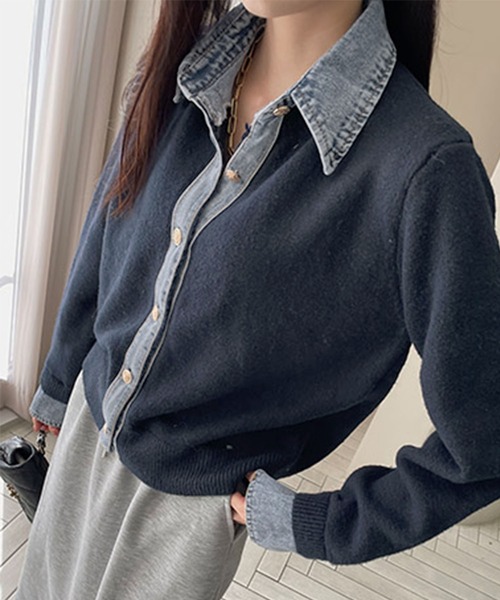 Kuroba カーディガン レイヤード風デニムドッキングニットカーディガン