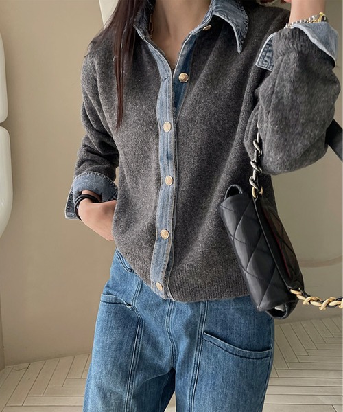 Kuroba カーディガン レイヤード風デニムドッキングニットカーディガン