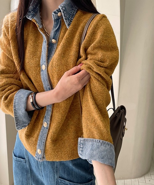 Kuroba カーディガン レイヤード風デニムドッキングニットカーディガン