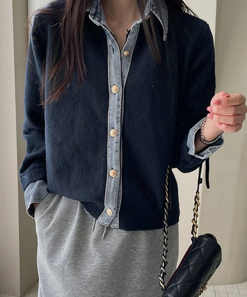 Kuroba カーディガン レイヤード風デニムドッキングニットカーディガン