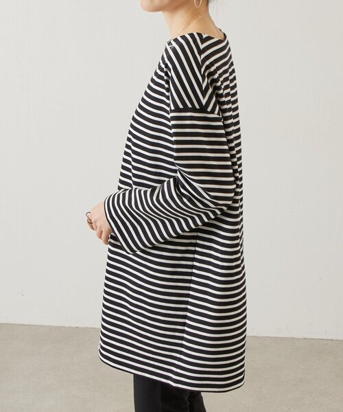 ビアズリー★大人かわいいボーダー柄♪ ゆったりニットチュニック シルク サイズF アイボリー系 z18744 BEARDSLEY（ビアズリー） tシャツ イニシャル入りボーダーチュニック