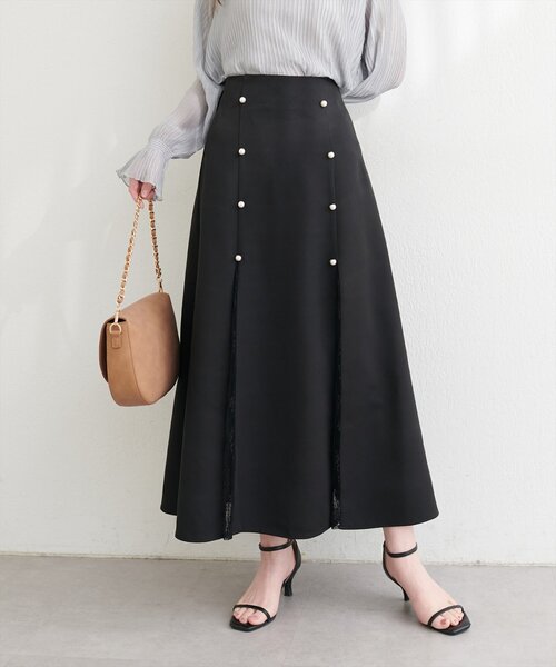natural couture ロング スカート レース切り替えフレアスカート