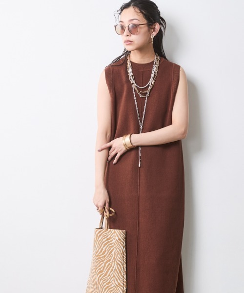 ジェイドットJ.大草直子ノースリーブ ロングワンピースブラウンMDoCLASSE CHIC STYLE（シックスタイル） ワンピース 綿100％タンクトップニット