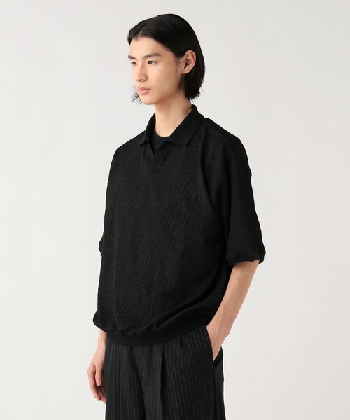 YOKE ネイビー メッシュ編みスキッパーポロシャツ サイズ2 YOKE | BORDER MESH KNIT SKIPPER POLO SHIRT(NAVY×BEIGE) | ボーダー