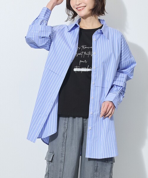 Y‘s yohojiyamamoto　ストライプシャツブラウス　チュニック ブラウス シャツ タック入りストライプチュニックシャツ レディース
