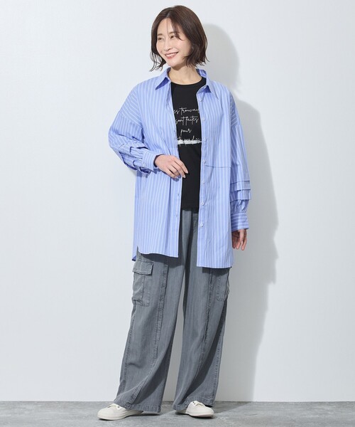ブラウス シャツ タック入りストライプチュニックシャツ レディース