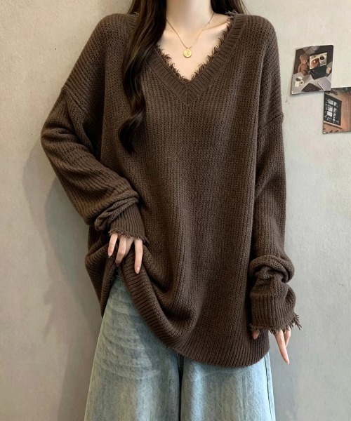 witch ニット セーター ダメージ加工 Vネック・オーバーサイズニット
