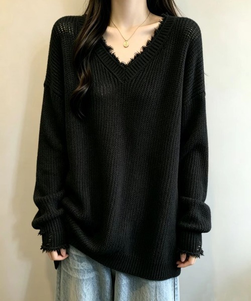 witch ニット セーター ダメージ加工 Vネック・オーバーサイズニット