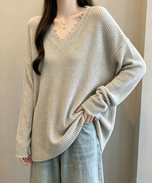 witch ニット セーター ダメージ加工 Vネック・オーバーサイズニット